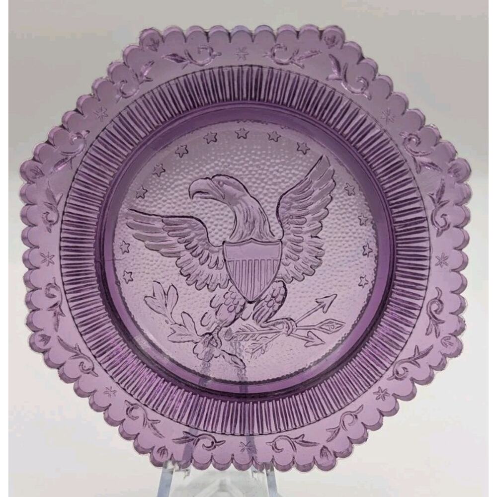 American Eagle Amethyst Purple Glass Pairpoint Cup Plate Suncatcher Window Decor